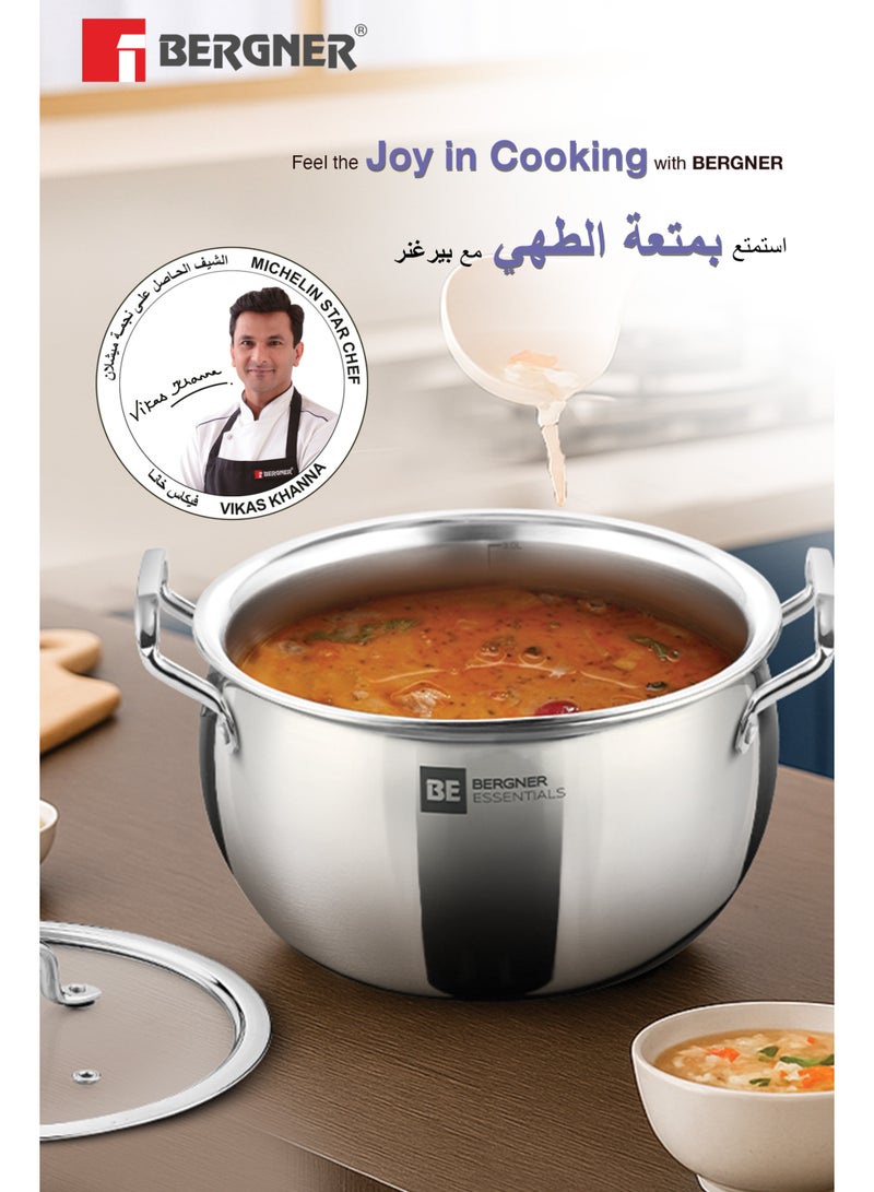 Bergner Essentials 24cm (5.5L) Tri-Ply Stainless Steel Large Rice Pot – Heavy-Duty Healthy Cooking Handi with Glass Lid for Biryani Pulao Soups Curries – Even Heating – Gas & Induction Compatible - Image 5